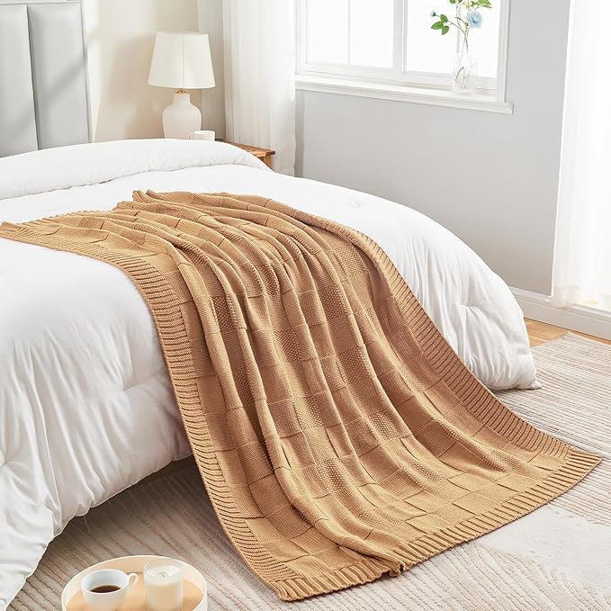 CozeCube Check Knit Throw Blanket, Beige Checkered Throw for Couch, Decorative Christmas Soft Cozy Warm Knitted Blanket for Bed Sofa Living Room, 60"X80"
