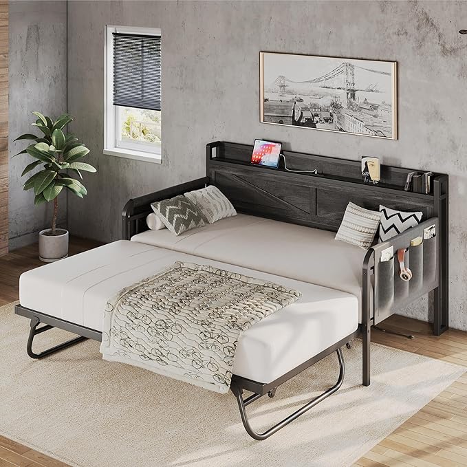 LIKIMIO Twin Daybed with Trundle Bed, Storage Headboard with Charging Station, Sofa Day Bed with Strong Supports for Living Room, Bedroom, and Guest Room, Charcoal Grey