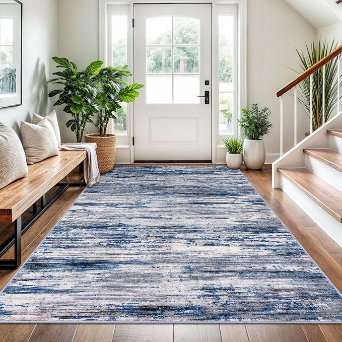 4x6 Modern Abstract Rug for Farmhouse, Navy Blue Gray Neutral Multi Super Soft Washable Rug with Non-Slip, Low-Pile Indoor Door Area Rugs for Living Room Bedroom, Carpet with Non-Shedding