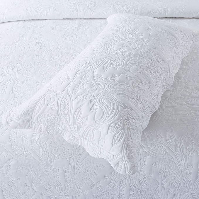 HoneiLife Oversized Queen Bedspreads 110x106- Queen Size Quilt Bedding Sets 3-Piece, Paisley Coverlets Lightweight Bedlinen Set for All Season Use-White