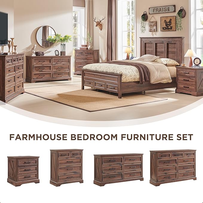 ACCOHOHO Farmhouse Queen Size Bed Frame with 52" Tall Headboard, Wood Platform Bedframe with Footboard and Storage Drawers, No Squeak, No Box Spring Needed, Brown