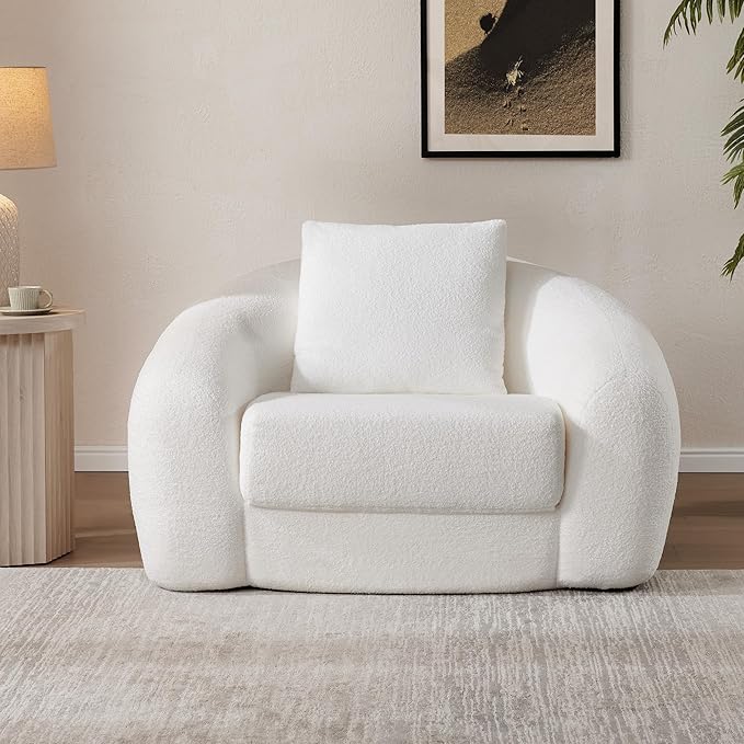SICOTAS 49.9" Curved Convertible Sofa Couch Bed for Living Room Futon Cloud Boneless Sleeper Chair Pull Out Floor Couch with Deep Seat Single Sofa Foam Lounger No Assembly for Bedroom Apartment, White