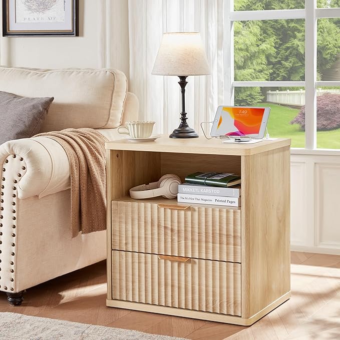 LEYAOYAO 48" Wide Fluted Dresser and 23" Nightstand Set of 2, Wooden Dresser & Night Stand with Charging Station, 3 Piece Bedroom Furniture Set, Chest of Drawer for Living Room,Natural Wood
