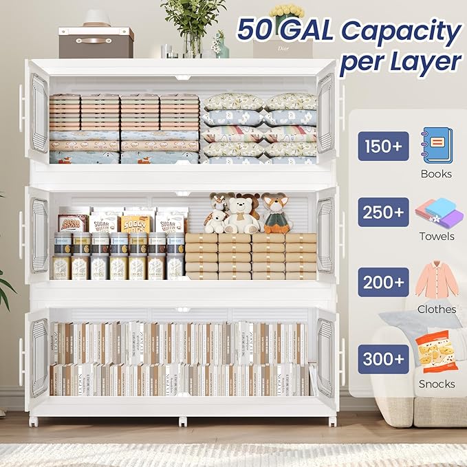 150GAL Extra Large Storage Bins with Lid, 600QT Storage Bins with Wheels, Folding Closet Organizer, Stackable Collapsible Plastic Storage Containers for Home, Office, Kitchen, 3Pack White