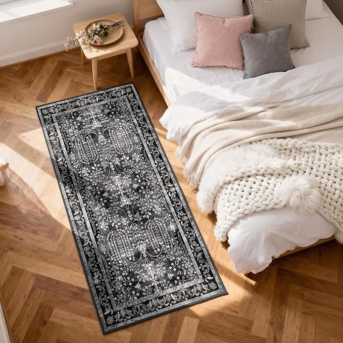 3x8 Hallway Washable Runner Rug: Extra Long Kitchen Runner Non Slip Floral Rugs Printed Faux Wool Low Pile Soft Indoor Floor Carpet for Bedroon Dining Living Room Bathroom Black White 3x8