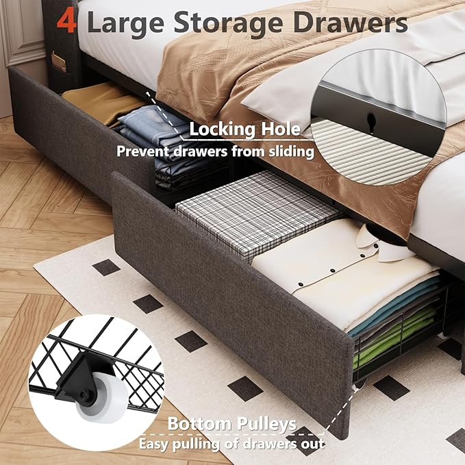 Queen Bed Frame with 4 Drawers and Storage Headboard, Upholstered Platform Bed Frame Queen Size with Led Lights and Handy Charging Station, No Box Spring Needed, Easy Assembly, Noise Free, Gray