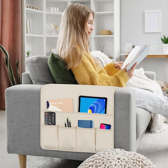 WETRBWEH Remote Control Holder for Armchair，Couch Caddy Organizer TV Remote Holder for Bed Storage 5 Pockets，Remote Caddy Bedside Organizer Bedside Table Organizer (Beige, 35''x18'')