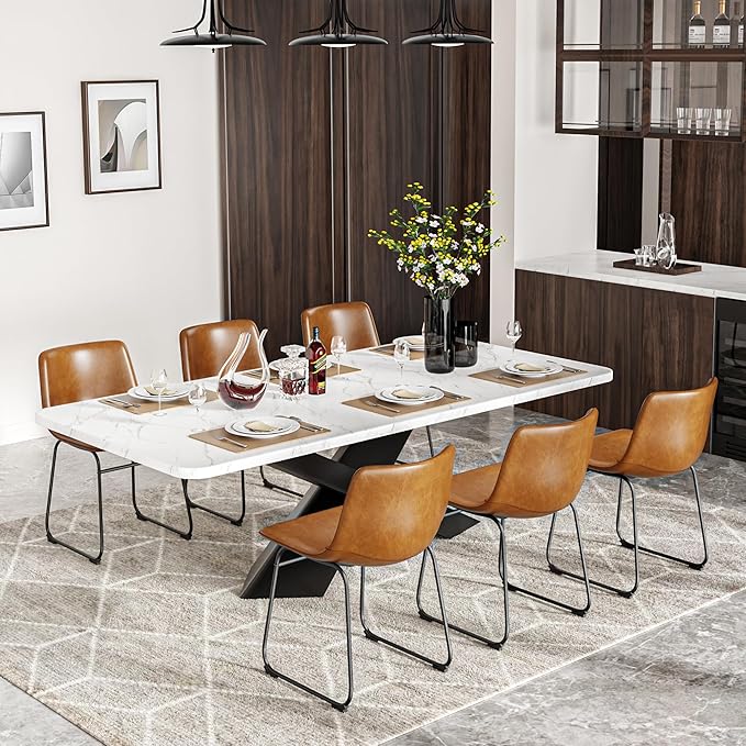 Dining Chairs Set of 4, 18 Inch Modern Armless Kitchen Chairs with Back, Faux Leather Dining Room Chairs with Metal Legs for Home, Bistro Coffee Shops (Brown)