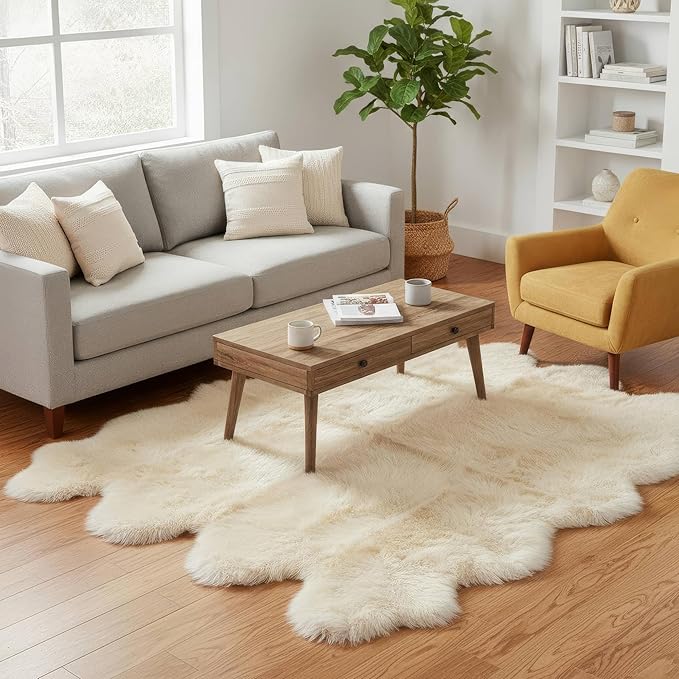 Premium Genuine Sheepskin Rug 6' x 8' Long Fur Soft & Natural Shaggy Living Room Rug, Champagne Cream, Eight Pelt