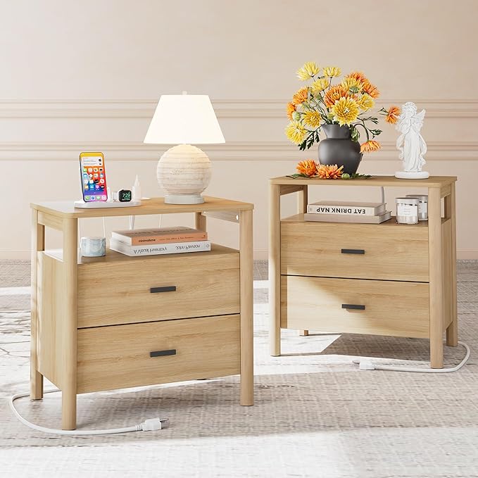 FavourLife Night Stand Set 2, 23" Wide Nightstands Set of 2, Large Nightstand with Charging Station, 2 Drawer Wooden End Table with Solid Round Post Legs, Modern Bedside Table for Bedroom, Natural Oak