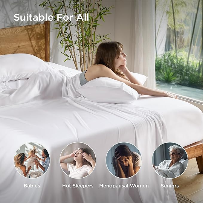 Bedsure Queen Sheet Set, Cooling Sheets for Queen Size Bed Set, Rayon Derived from Bamboo, Breathable & Soft, Deep Pocket Up to 16 Inches, Hotel Luxury Silky Bedding for Hot Sleepers, White