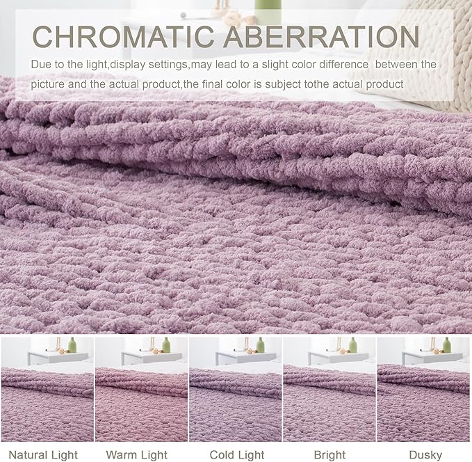 Chunky Knit Throw Blanket 60"X 80", 100% Handmade with Soft Chenille Yarn, 4.4lbs Thick Cable Knitted Blankets, Large Rope Knot Crochet Throws for Couch Sofa Bed Home Decor, Purple