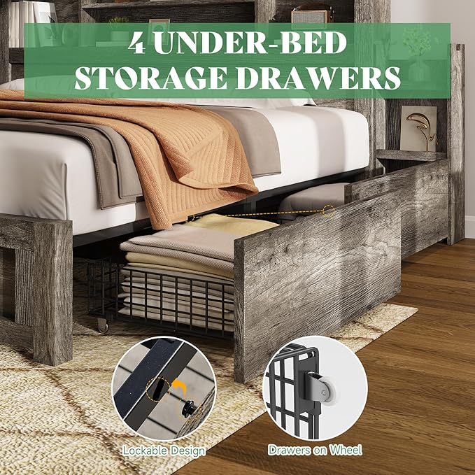 AMERLIFE Full Size Bed Frame with 4 Storage Drawers, LED Bed Frame with 49“ Tall Bookcase Headboard, Wood Platform Bed with Charging Station & 2 Slide Bedside Shelf, No Box Spring Needed/Rustic Grey