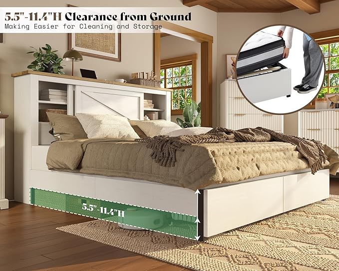 AMERLIFE King 47.2" H Bed Frame with Hidden Space Bookcase Headboard and Charging Station, Beds with 2 Storage Drawers and Wood Slats, No Box Spring Needed, White & Barnwood