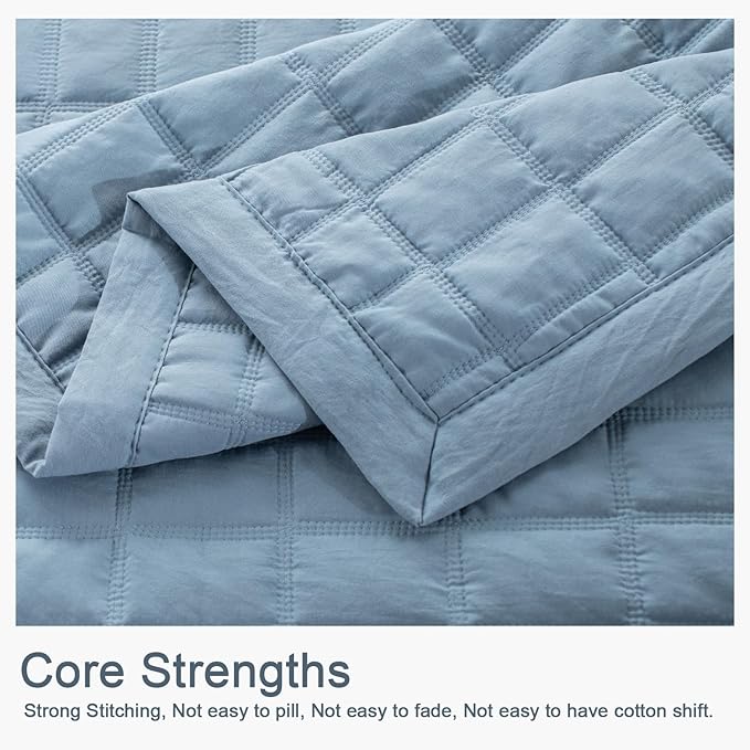 Kasentex KXW1801-GB Quilt-Bedding-Coverlet-Blanket-Set, Machine Washable, Ultra Soft, Lightweight, Stone-Washed, Detailed Stitching-Solid Color, Full/Queen + 2 Shams, Grey Blue