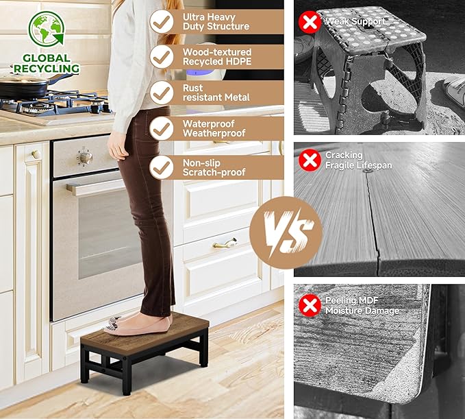 Y&M One Step Stool for Adults Kids, Adjustable Non-Slip Foot Stool with Sturdy Metal Frame, Bed Step for High Beds, Portable Step for Kitchen, Bathroom, Bedroom, Living Room – Rustic Brown