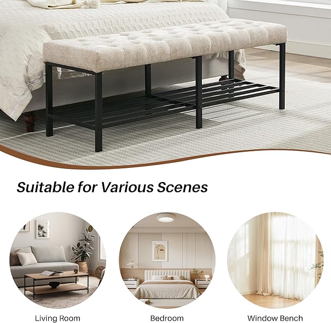 55.5" End of Bed Bench, Modern Chenille Button Tufted Bedroom Bench, Upholstered Storage Shoe Bench with Metal Base, Dinning Table Bench for Living Room, Bedroom, Entryway, Light Brown
