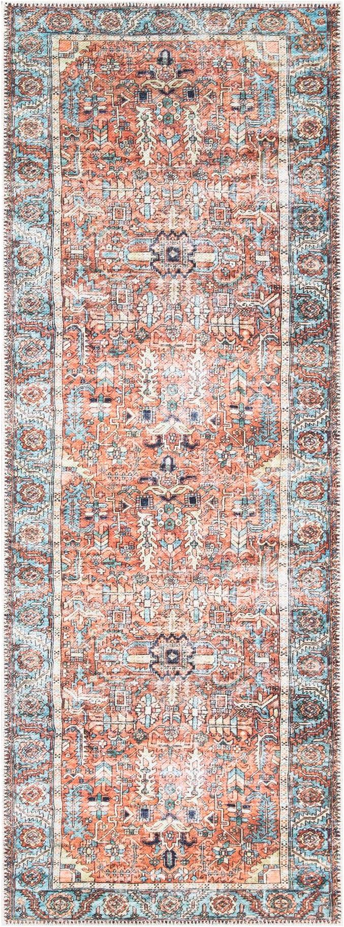 Bloom Rugs Washable Non-Slip 10 ft Runner - Orange/Blue Traditional Runner for Entryway, Hallway, Bathroom, and Kitchen - Exact Size: 2.5' x 10'