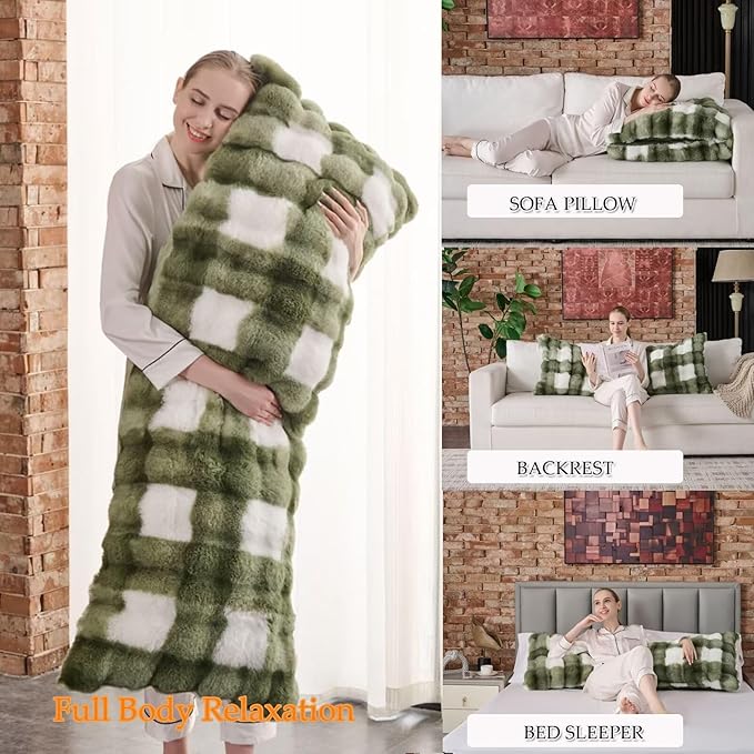 Full Body Pillow 20x54 Inch,Memory Foam Pregnancy Pillow for Side Sleepers,Orthopedic Back Support Maternity Pillow for Women (with Removable Cover)-Sage Green Grid Print