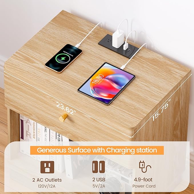 Narrow Nightstand Set of 2, Wooden Small 2 Drawer Nightstand, Slim Side End Table, Skinny Bedside Table, Mid Century Modern Night Stand with Drawers, for Living Room (Natural-Charging Station-1 pc)