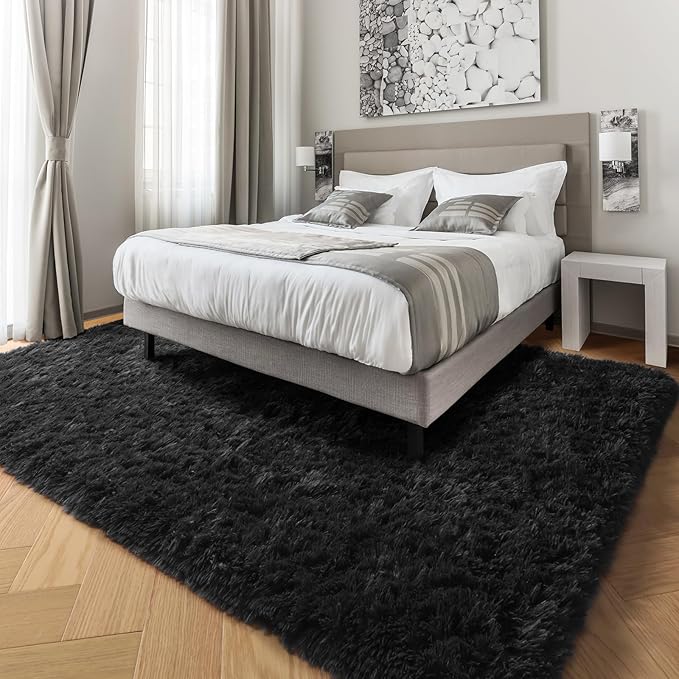 PAGISOFE Fluffy Shaggy Washable Area Rug for Living Room 5x8 Ft,Soft Fuzzy Rugs for Bedroom Shagg Carpet for Kids Girls Boys Dorm Room Furry Rugs for Nursery Playroom Fluffy Toddler Room Rug Black