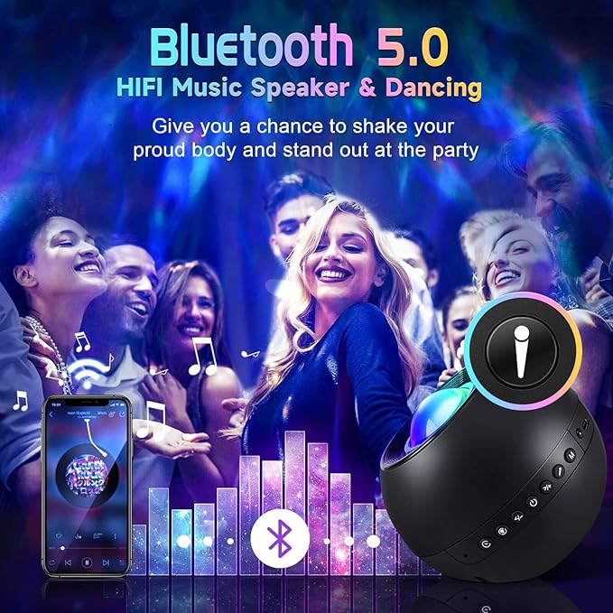 Galaxy Projector with HiFi Bluetooth Speaker & 15 White Noise Sounds - Remote & Timer Controlled Night Light for Bedroom or Kids Room