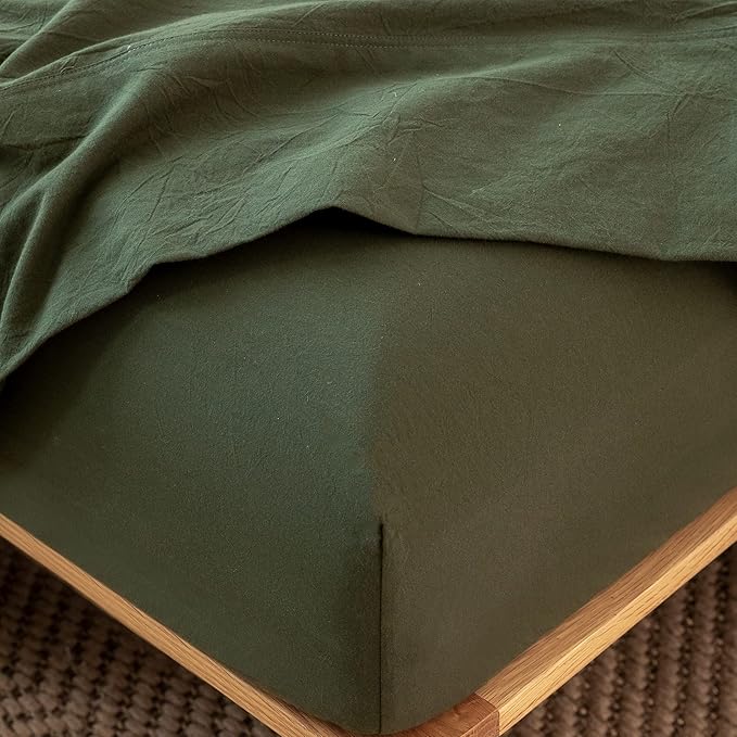 MooMee Fitted Bottom Sheet Only 100% Washed Cotton Linen Like Textured Breathable Durable Soft Comfy Deep Pocket Fits Mattress up to 17" (Olive Green, King)