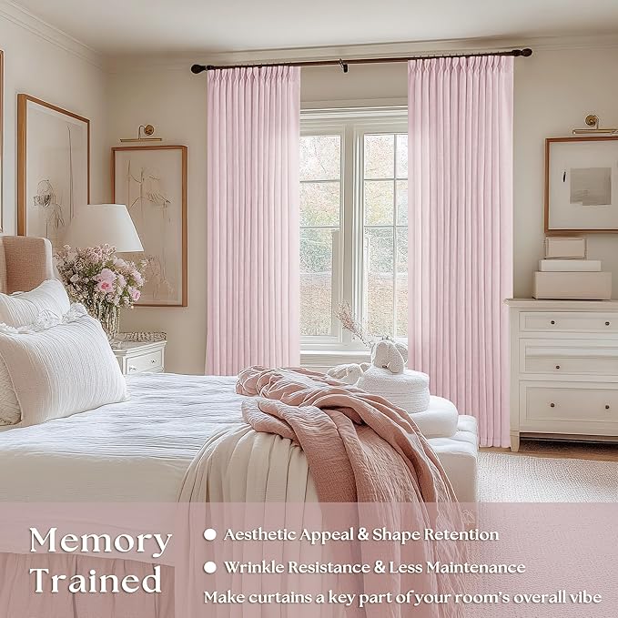 Dusty Pink Linen Pinch Pleated Curtains 90 Inch Length 2 Panels for Girls Bedroom Nursery Kids Soft Thick Linen Window Curtains 90 Inches Long Semi Sheer Light Filtering for Living Room Blush Pink
