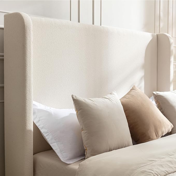 Harper Bed Frame with 54" Extra-Tall Headboard - Modern Wingback Upholstered Platform Bed, Textured Boucle Fabric, 1000lbs Heavy Duty Support, No Box Spring Needed(Ivory, King U.S. Standard)