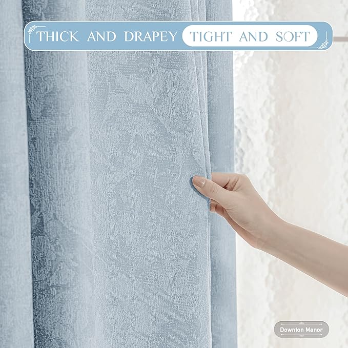 Beauoop Blue Floral Jacquard Blackout Curtains 72 Inches Long 2 Panels for Bedroom Living Room Chenille Flower Room Darkening Thermal Insulated Soundproof Grommet Window Treatments Drapes, 52x72