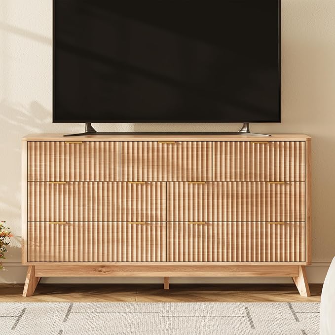 54'' Wide 7 Drawers Dresser for Bedroom,Modern Fluted Vertical Chest with Rounded Corners,Fluted Dresser for Living Room,Hallway, Natural Wood