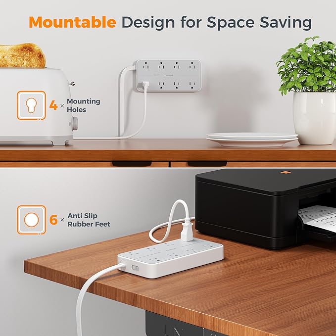 TESSAN Flat Plug Extension Cord 6 FT, Surge Protector Power Strip with 8 AC Outlets 3 USB (1 USB C), 1080 Joules, 1875W 15A, Multiple Wall Outlet Extender Station for Home Office School Dorm