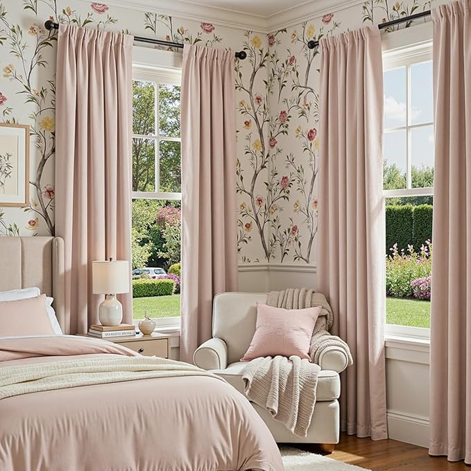 jinchan Chenille Blackout Curtains 108 Inches Long Light Pink Thermal Insulated Curtains for Living Room Bedroom 2 Panels Triple Weave Noise Reducing Drapes Girls Room Curtains Back Tab 50x108 Inch