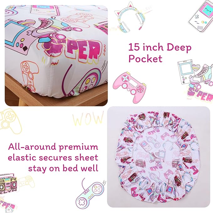 JSD Gaming Kids Sheet Set Full Size, 4 Piece Soft Girls Gamer Printed Microfiber Bed Sheets Deep Pocket