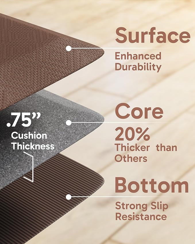 Ophanie Kitchen Mats for Floor, 3/4 inch Thick, 17x28 Anti Fatigue Cushioned Mat, Kitchen Rugs, Waterproof, Comfort Ergonomic Standing Mat for Office, Home, Sink, Brown Non-Slip Ridged Bottom