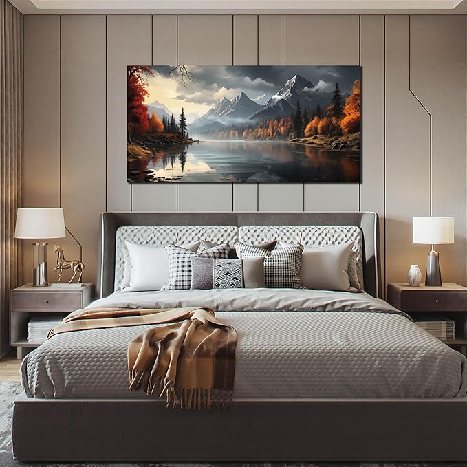 Landscape Wall Art for Living Room Bedroom Home Office Gray Wall Art Mountain Lake Pictures Modern Landscape Large Artwork Framed Canvas Prints 24x48 Inch