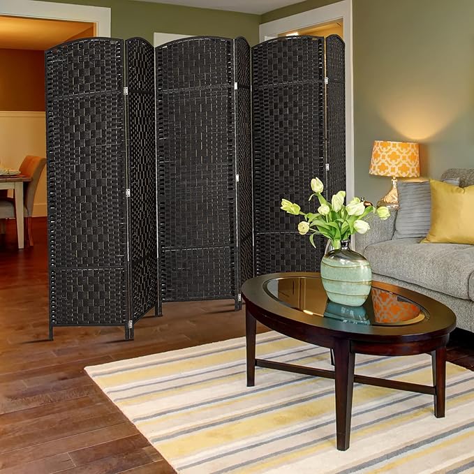 VINGLI 6-Panels Tall Rattan Room Divider, 6 FT Folding Privacy Screen, Indoor Partition Wall Dividers, Freestanding Hinged Space Separator (Black)