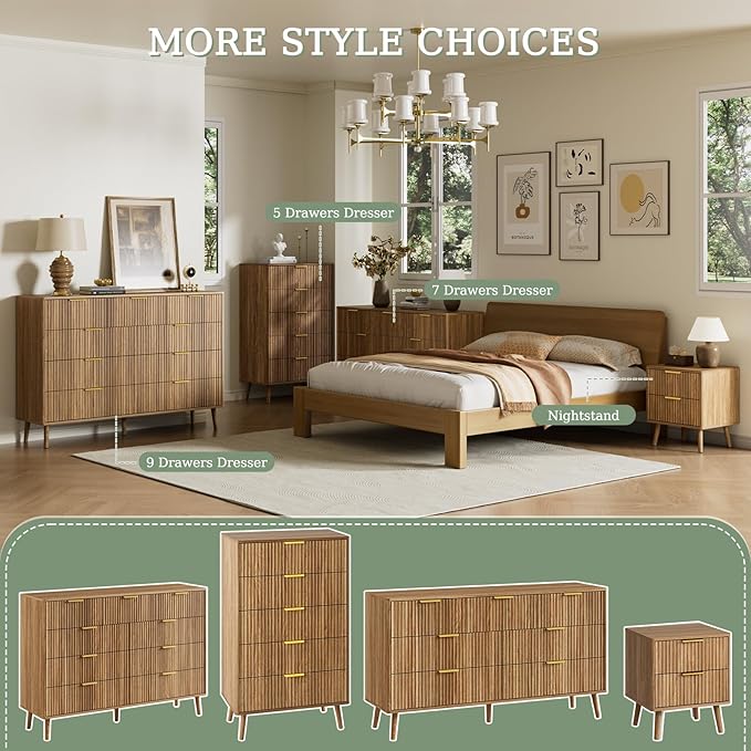 LYNSOM Fluted 9 Drawer Dresser for Bedroom, 55" Wide Modern Chest of Drawers with Curved Profile Design and Metal Handles, Wood Dresser TV Stand & Storage Organizer for Bedroom, Hallway, Walnut