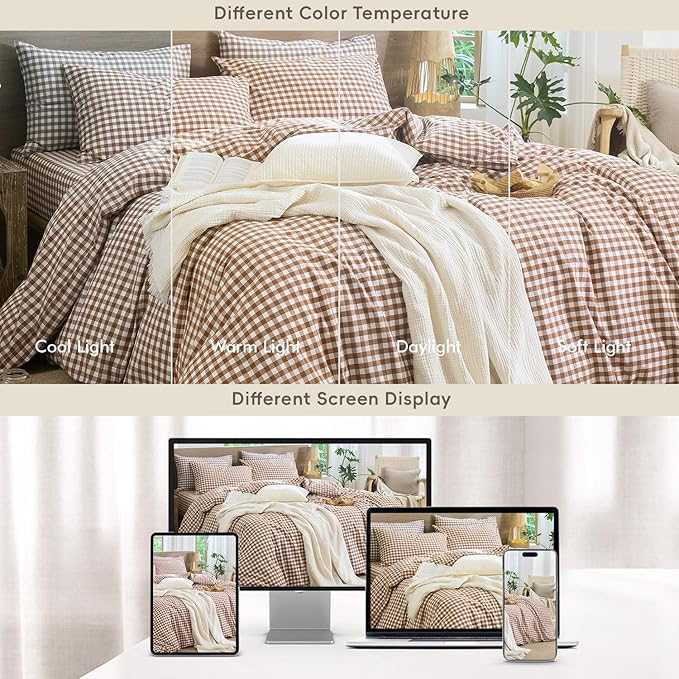 MooMee Gingham Duvet Cover Set 100% Washed Cotton Linen Like Textured Breathable Durable Soft Comfy Modern Checkered Design (Dark Orange Gingham, Oversized Queen 98"x98")
