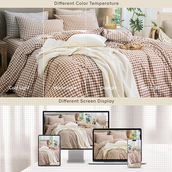 MooMee Gingham Duvet Cover Set 100% Washed Cotton Linen Like Textured Breathable Durable Soft Comfy Modern Checkered Design (Dark Orange Gingham, Super Queen 90"x98")