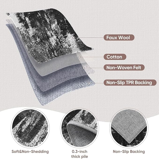 3x12 Long Hallway Runner Rug: Kitchen Rugs Non Slip Washable Low Pile Abstract Rug Runner with Rubber Backing Indoor Stain Resistant Carpet Runners for Bedroom Dining Living Room Black White