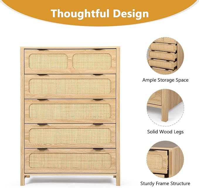 LEVNARY 5 Drawer Chest Dresser, Rattan Tall Dresser 5 Chest of Drawers Dressers for Bedroom, Wooden Storage Cane Cabinet with Metal Handles for Living Room Hallway (Natural)