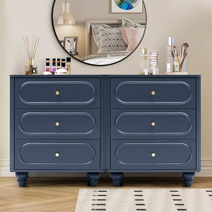3 Drawer Fluted Dresser for Bedroom Set of 2, Mid Century Modern Chest of Drawers, Wood Storage Small Dresser Organizer for Bedroom Living Room Hallway Closet, Blue
