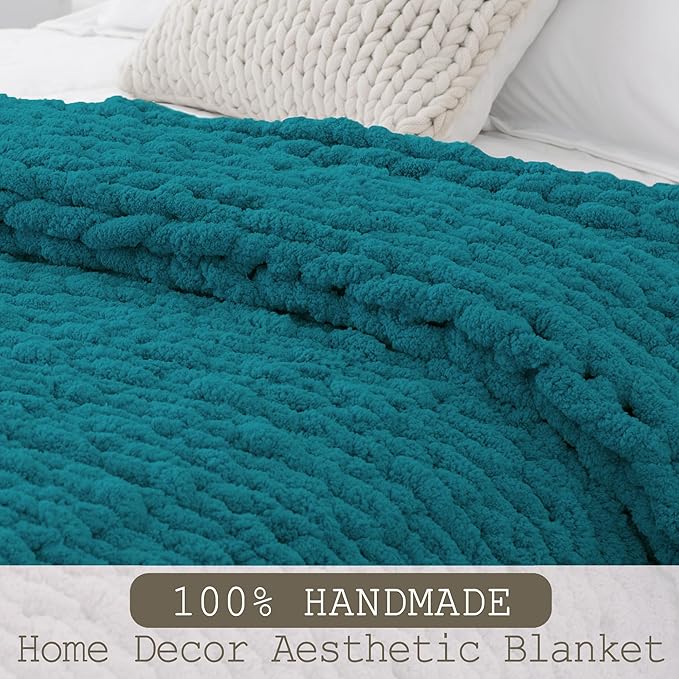 Chunky Knit Throw Blanket 50"X 60", 100% Handmade with Soft Chenille Yarn, 4.4lbs Thick Cable Knitted Blankets, Large Rope Knot Crochet Throws for Couch Sofa Bed Home Decor, Teal