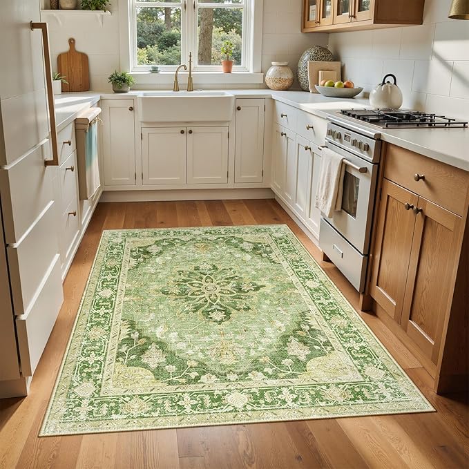 Area Rugs 4'x6' Washable Non-Slip, Floral Vintage Distress Print Pattern Medallion Carpet for Living Room Bedroom Dining Room, Sage Green Yellow