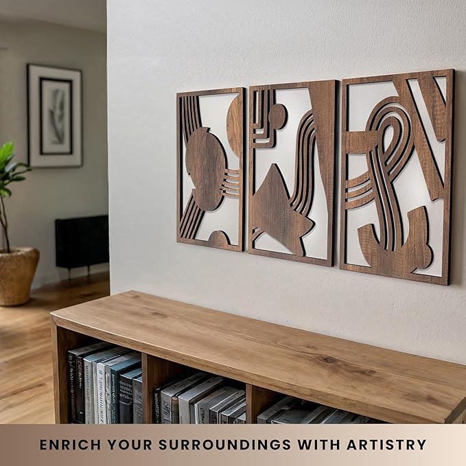 qmmp Modern Wooden Wall Sculptures - Set of 3 - Home Decor Accent - Large Wall Art for Living Room, Bedroom, Office - Easy Installation (Walnut, Medium - Abstract Shapes)