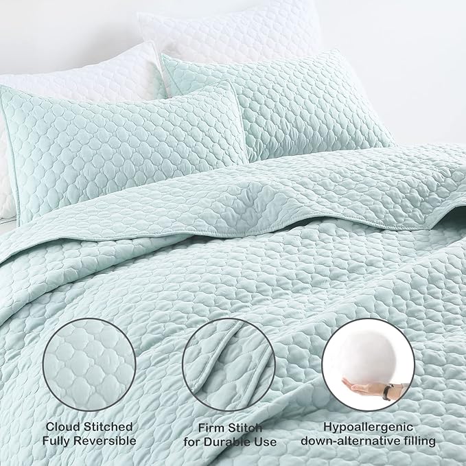 HORIMOTE HOME Quilt Queen Size Aqua Blue, Lightweight Quilt for Summer Ultra-Soft Microfiber Modern Style Quilted Clouds Pattern Bedspread Quit Set 3 Pieces