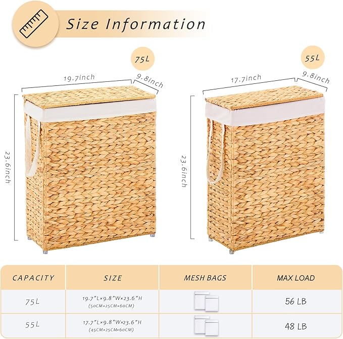 Handwoven Slim Laundry Hamper with Lid, 55L Natural Water Hyacinth Basket and Handles, Narrow Wicker Laundry Basket with Removable Liner Bag & 2 Mesh Bags