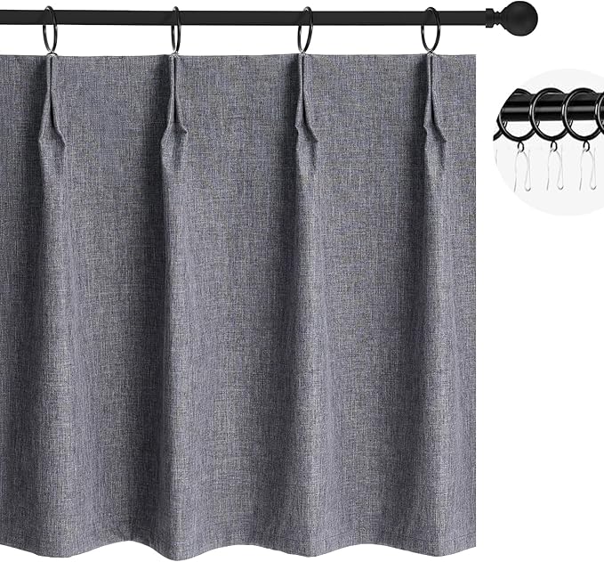 Wdfour24x36 Inch Pinch Pleated Blackout Cafe Curtains - Pack of 2, 100% Light Blocking Back Tab Drapes for Half Windows, Kitchen & Bathroom Short Curtains in Dark Gray