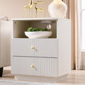 Fluted Nightstand with Charging Station, 21.65" Wide End Table with 2 Drawers, Modern Wood Bedside Table for for Bedroom, Living Room,White